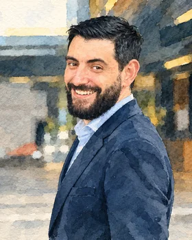 Manassés Lopes, advogado responsável pelo atendimento, em retrato em aquarela