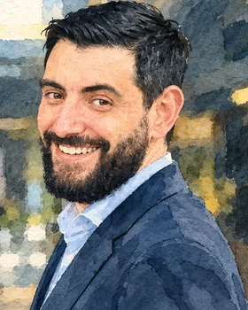 Manassés Lopes, advogado responsável pelo atendimento, em retrato em aquarela